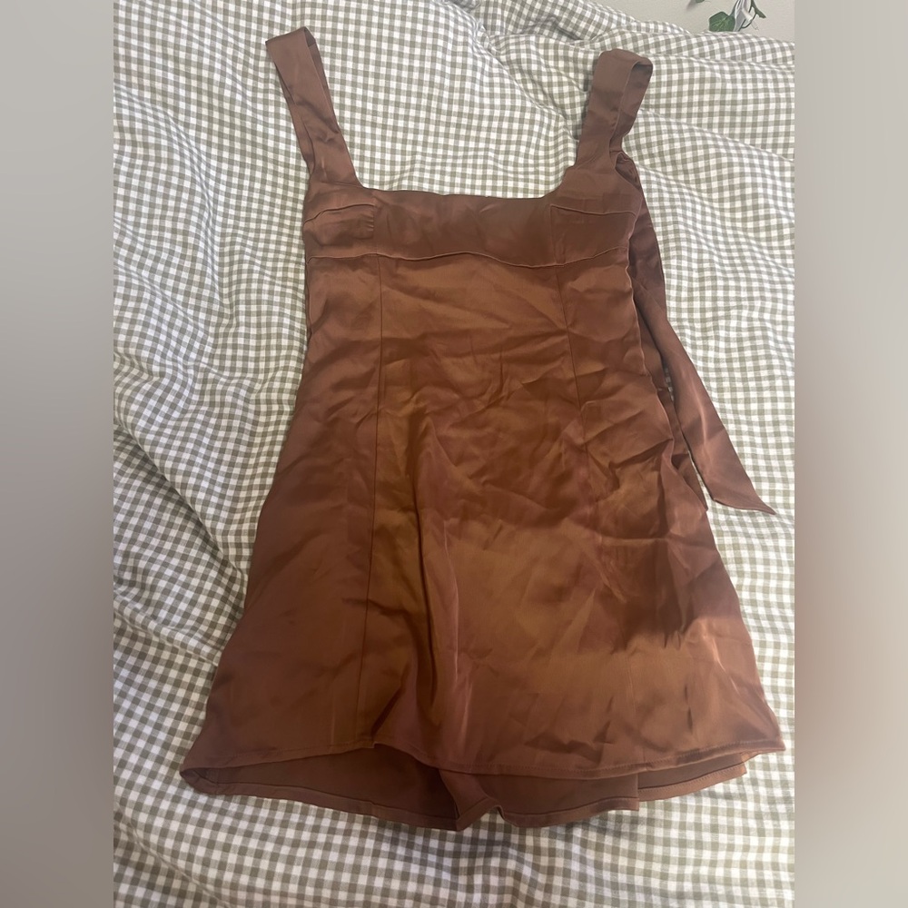 NWT Urban Outfitters Bri Double Bow Chocolate Brown Mini Dress - Picture 7 of 9